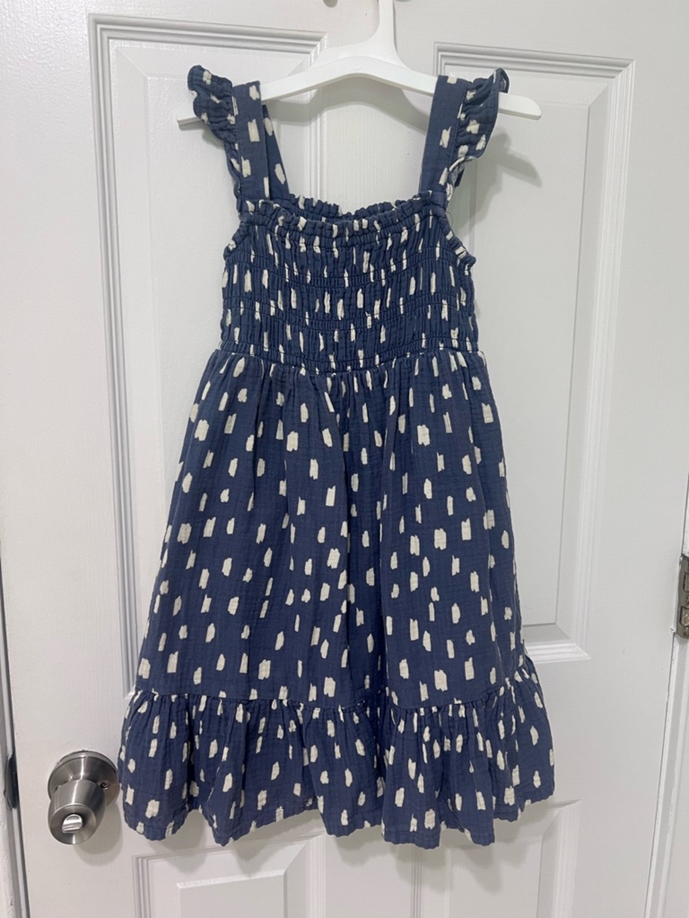 Hanna Anderson Girls Navy Blue Smocked Sundress with White Dot Print